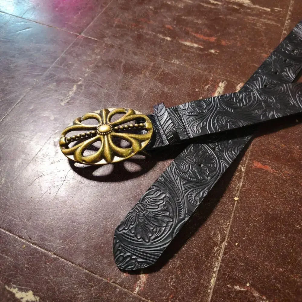 Belt Gothic Tooled Leather Cross Buckle Black (45 in) ✨